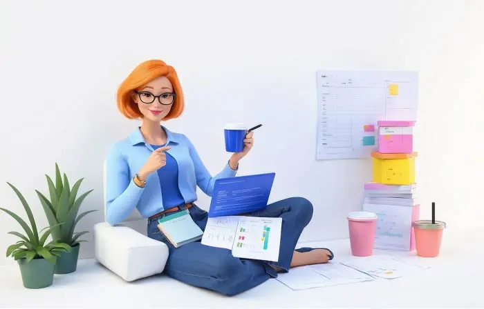 Smart Woman Working from Home 3D Design Illustration
